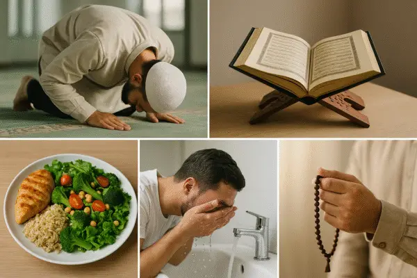 A composite image showing five key aspects of a healthy Islamic lifestyle: a man in sujood during prayer, an open Quran on a wooden stand, a plate of healthy food with rice, vegetables, and chicken, a man performing wudu by washing his face, and a hand holding prayer beads for dhikr.