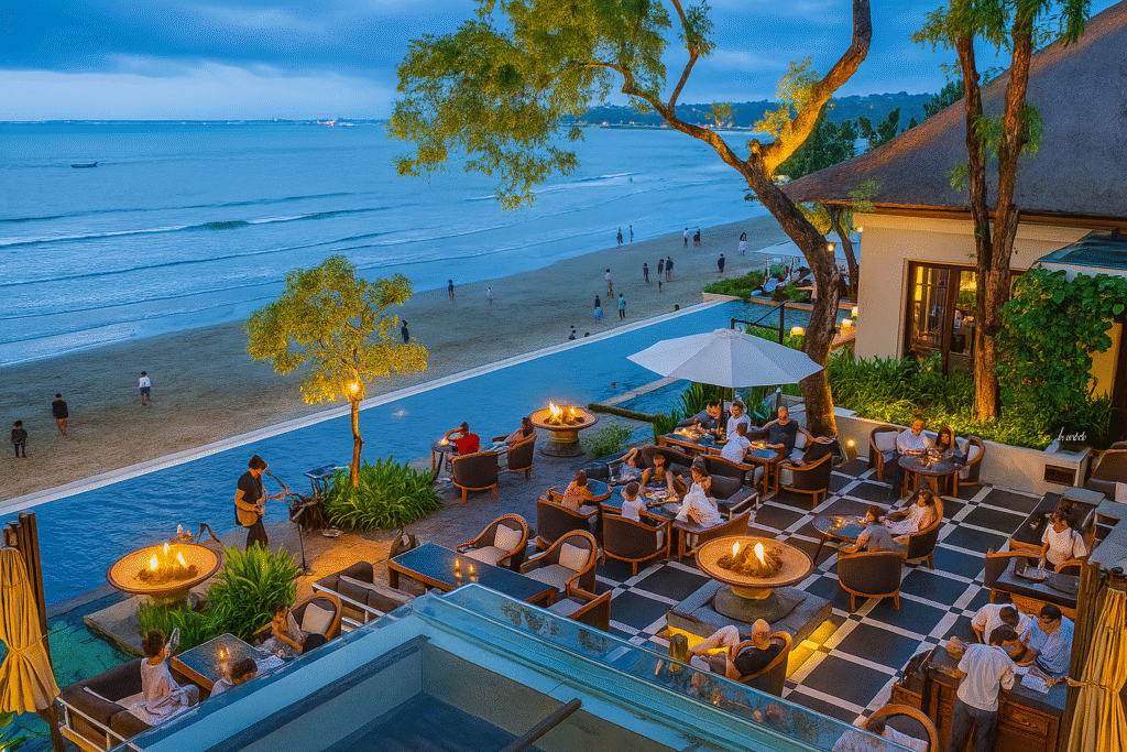 Sundara Beach Club at Four Seasons Jimbaran Bali with beachfront dining and luxury atmosphere