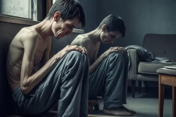 A very skinny man sits on a stool looking sad and depressed, his reflection visible in a mirror, conveying profound dissatisfaction with his body and health. This image captures themes of depression, body image issues, unhappiness, and the struggles of unhealthy weight.