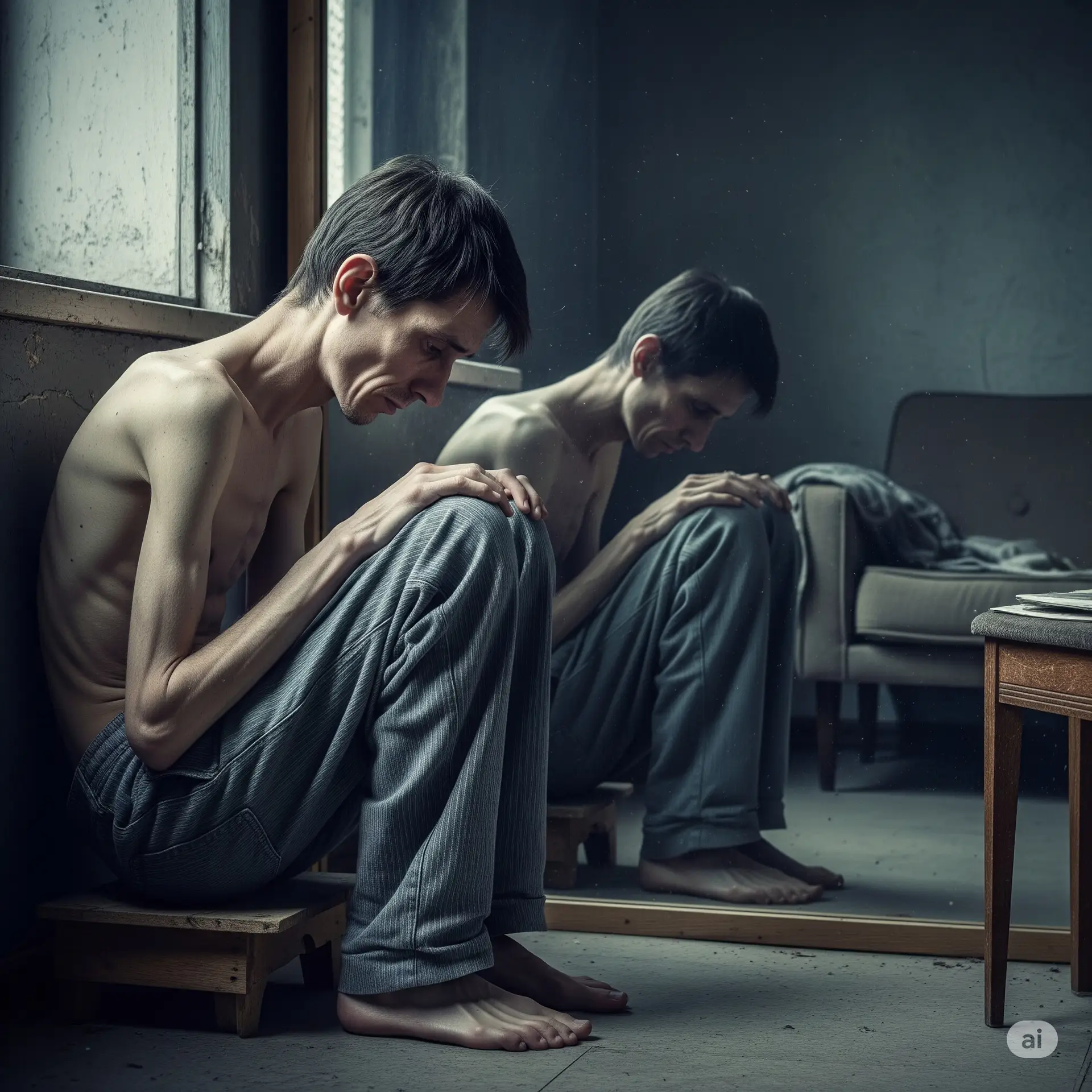 A very skinny man sits on a stool looking sad and depressed, his reflection visible in a mirror, conveying profound dissatisfaction with his body and health. This image captures themes of depression, body image issues, unhappiness, and the struggles of unhealthy weight.