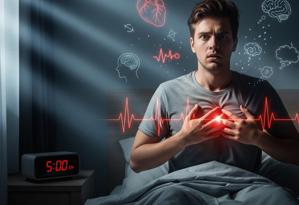 Young man waking up suddenly in bed at dawn, holding his chest with a worried expression, illustrating rapid heartbeat and anxiety-related discomfort.