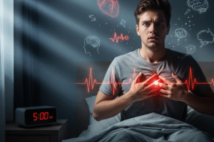 Young man waking up suddenly in bed at dawn, holding his chest with a worried expression, illustrating rapid heartbeat and anxiety-related discomfort.