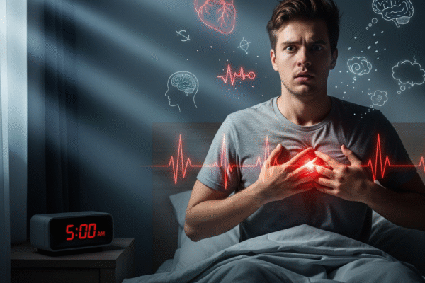 Young man waking up suddenly in bed at dawn, holding his chest with a worried expression, illustrating rapid heartbeat and anxiety-related discomfort.
